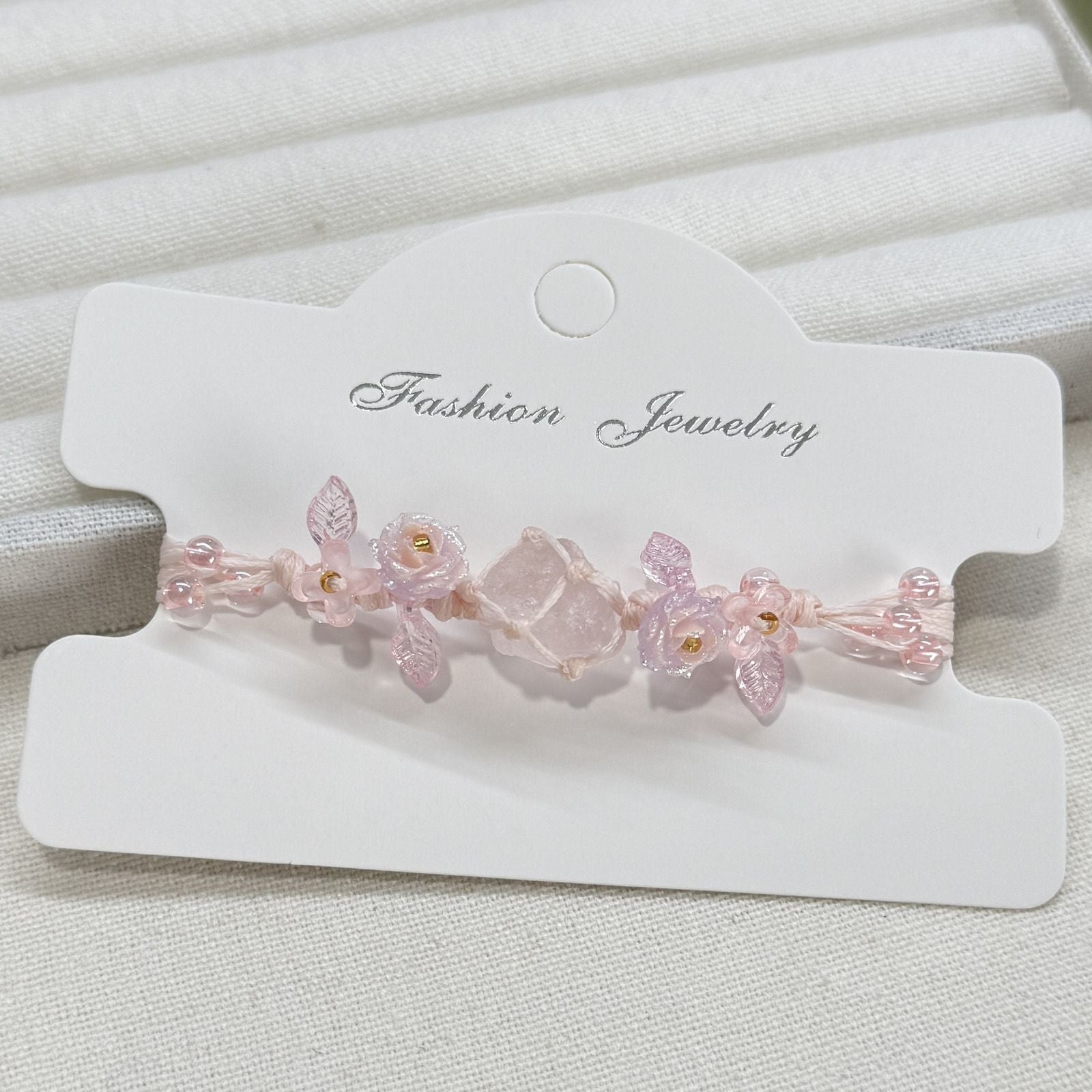 Handmade woven natural pink crystal bracelet
